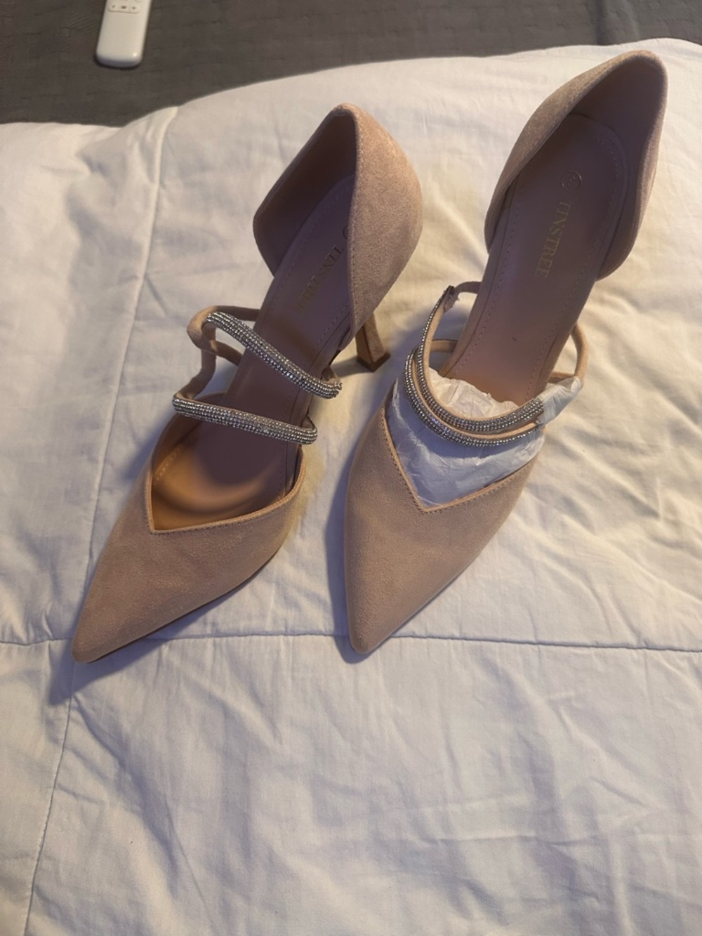 Pointed D'Orsay Heels with Rhinestone Straps - tan